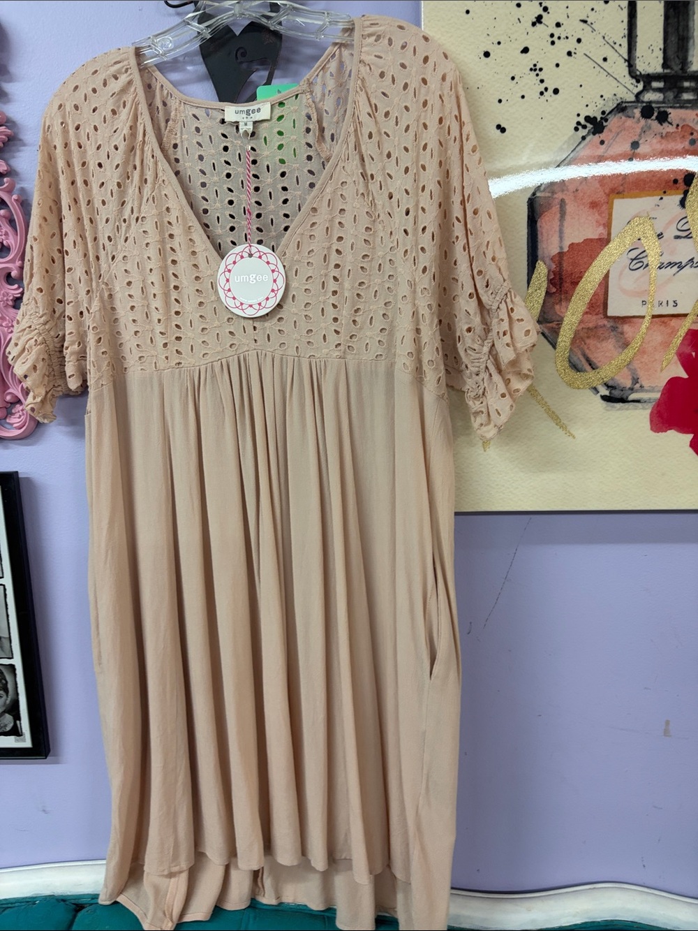 Umgee Beige Eyelet V-Neck Midi Dress